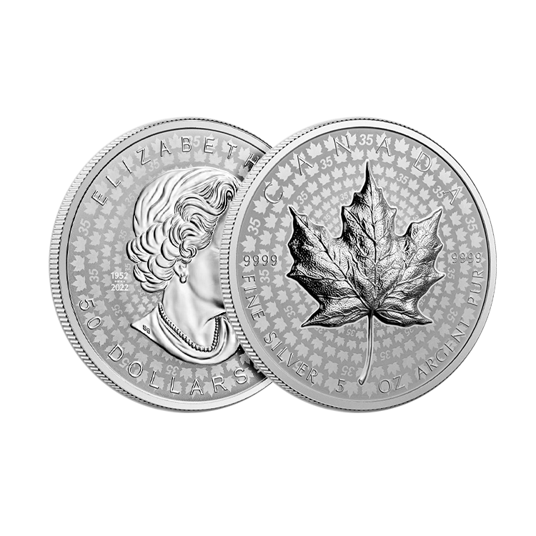 5 troy ounce zilveren Maple Leaf 2023 proof perspectief 2