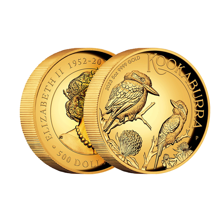 5 troy ounce gouden munt Kookaburra proof 2023 perspectief 1