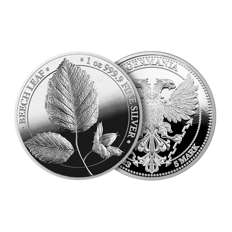 1 troy ounce zilveren munt Mythical Forest Beech Leaf 2023 proof perspectief 1