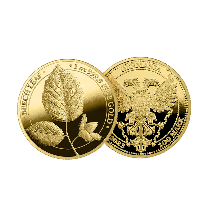 1 troy ounce gold coin Mythical Forest Beech Leaf 2023 proof angle 1