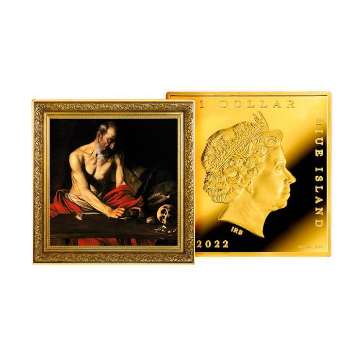 1 troy ounce zilveren munt Treasures of World Painting - St. Jerome Writing 2022 proof perspectief 1