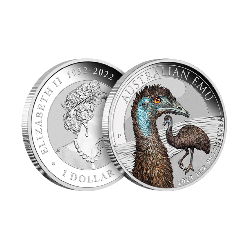 1 troy ounce zilveren Australian Emu munt gekleurd 2023 voorkant