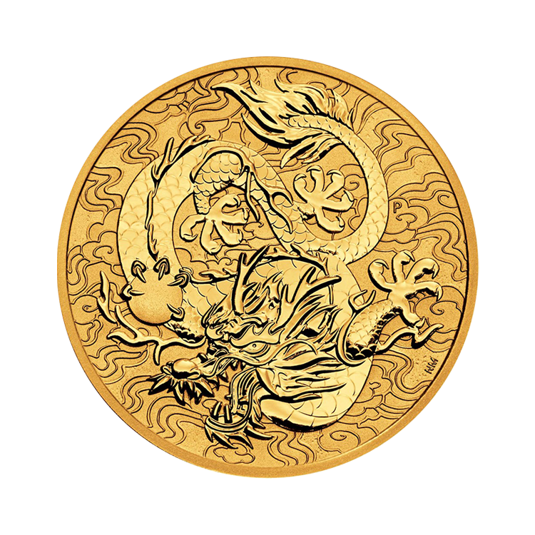 1 troy ounce gouden Single Dragon munt 2022 voorkant