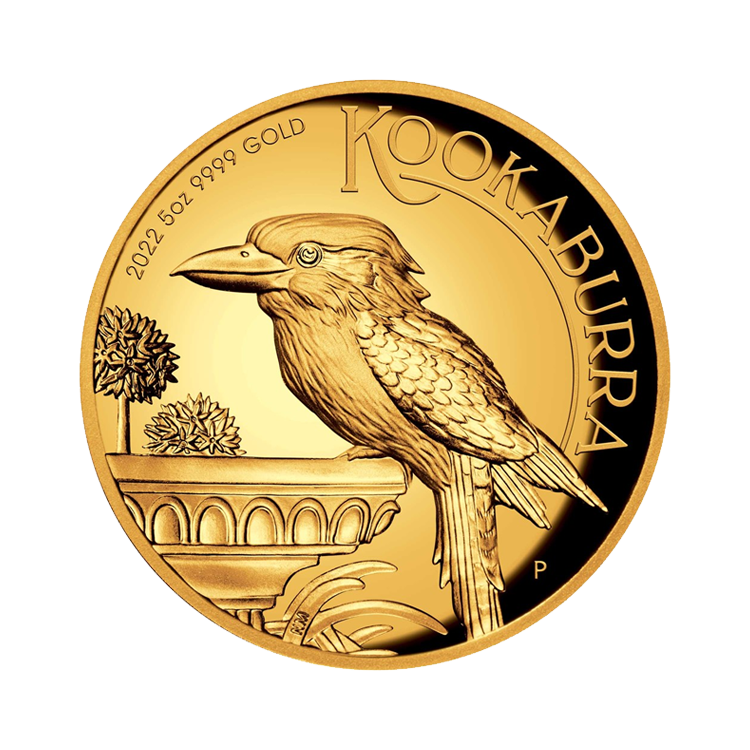 5 troy ounce gouden munt Kookaburra proof 2022 voorkant