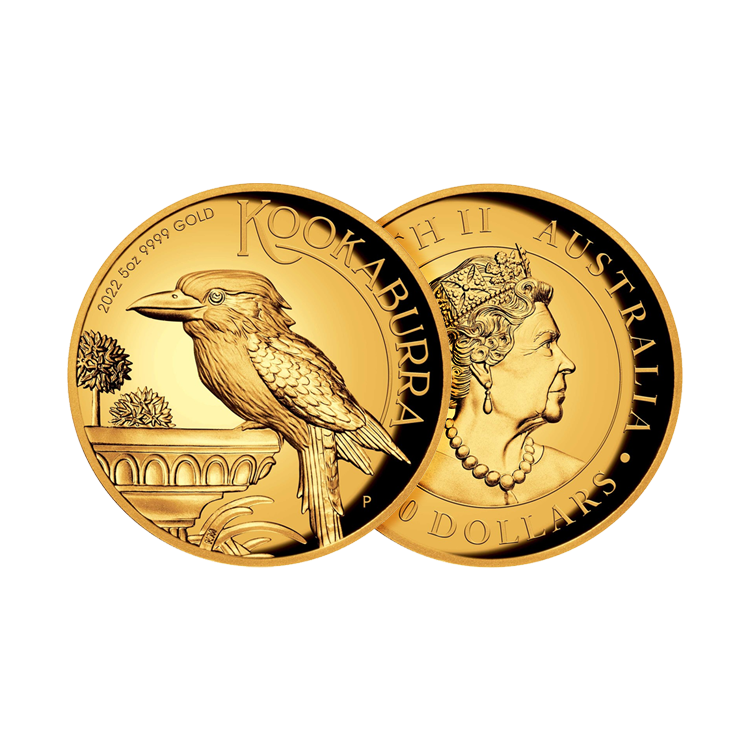 5 troy ounce gouden munt Kookaburra proof 2022 perspectief 1