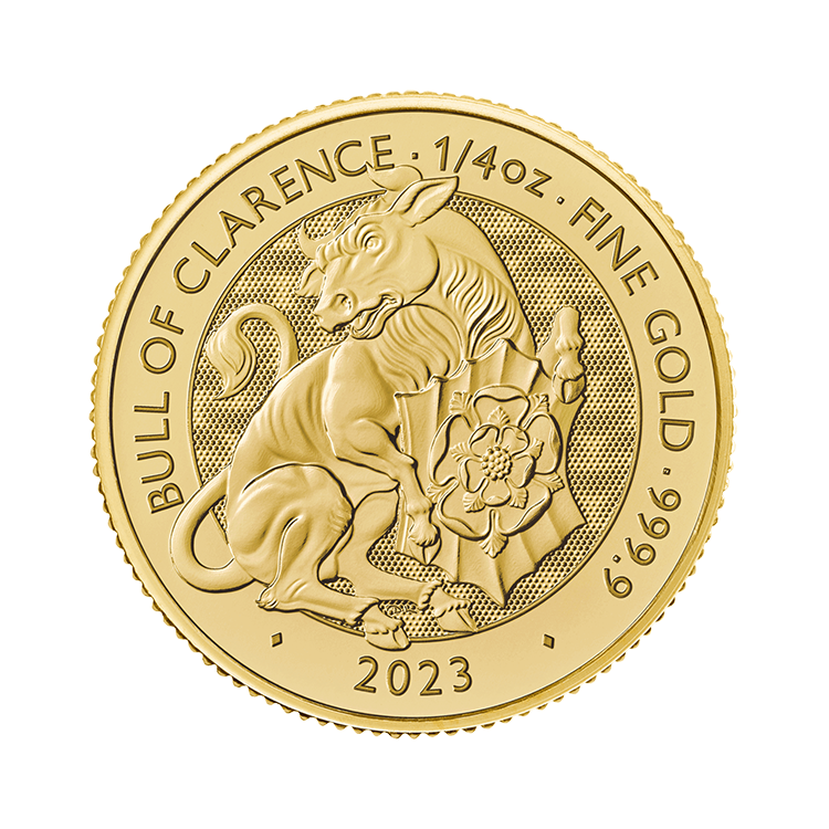 1/4 troy ounce gouden munt Tudor Beasts Bull of Clarence 2023 voorkant