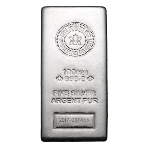 100 Troy ounce silver bar VAT-free Royal Canadian Mint (storage in Switzerland) front