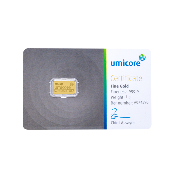 Umicore 1 gram goudbaar met certificaat voorkant