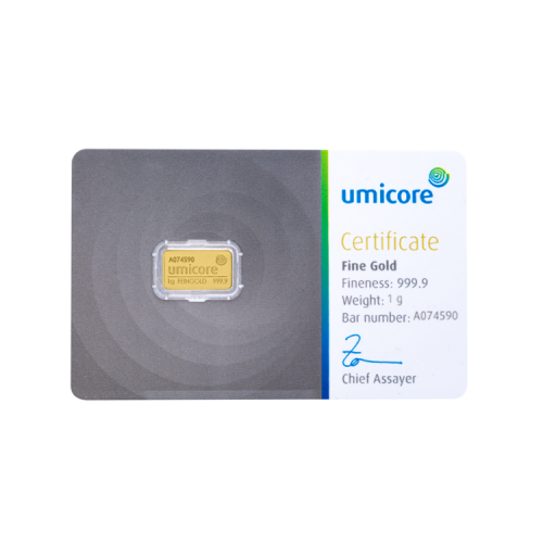 Umicore 1 grams goldbar with certificate front