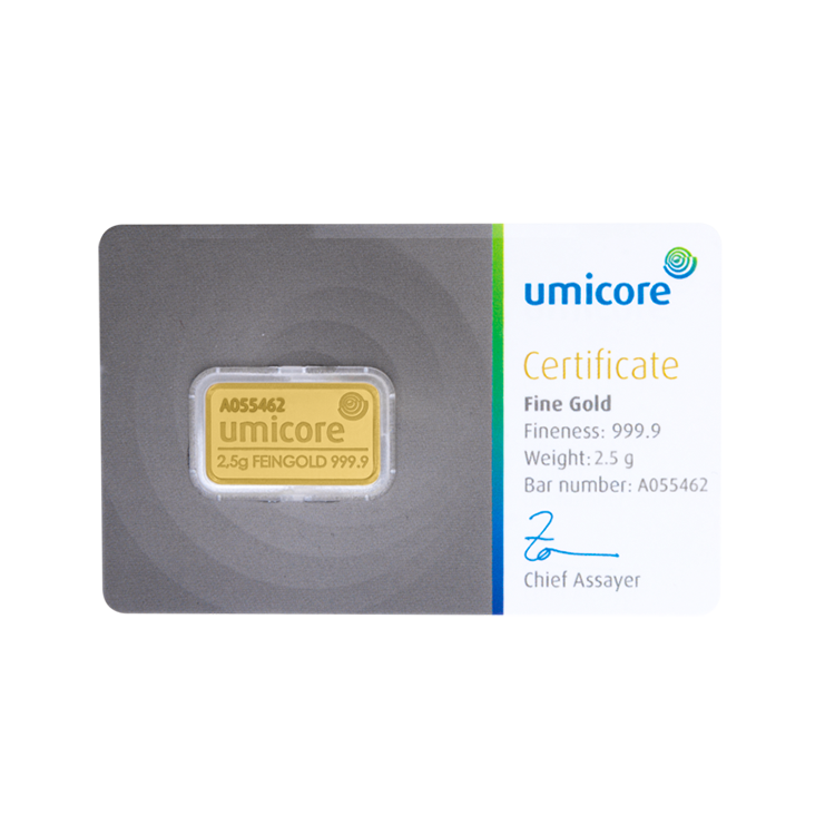 Umicore 2,5 gram goudbaar met certificaat voorkant