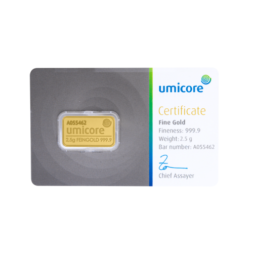Umicore 2.5 grams goldbar with certificate front