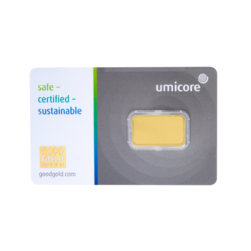 Umicore 2,5 gram goudbaar met certificaat voorkant