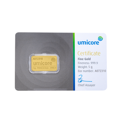 Umicore 5 grams goldbar with certificate front