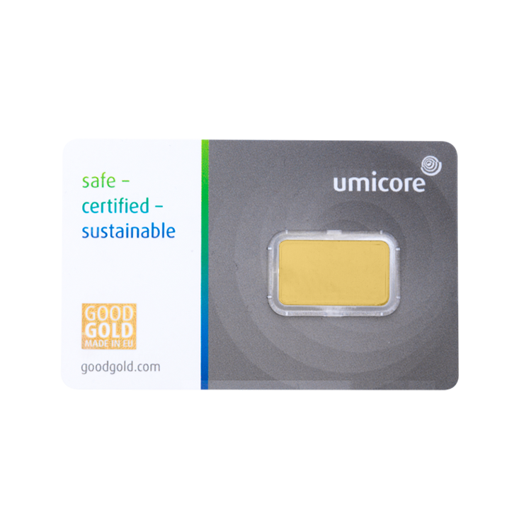 Umicore 5 gram goudbaar met certificaat achterkant