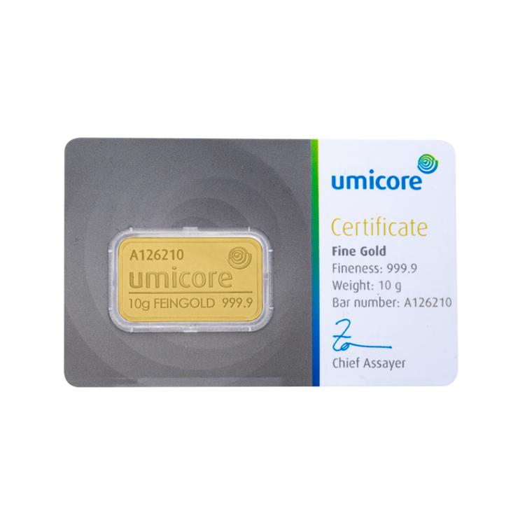 Umicore 10 gram goudbaar met certificaat voorkant