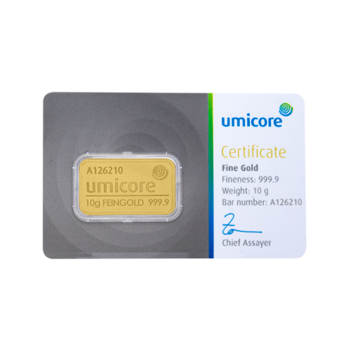 Umicore 10 grams goldbar with certificate front