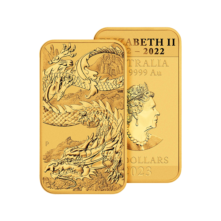 1 troy ounce gouden muntbaar Rectangular Dragon 2023 perspectief 1