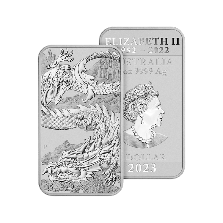 1 troy ounce zilveren muntbaar Rectangular Dragon 2023 perspectief 1