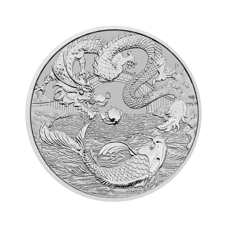 1 troy ounce zilveren Chinese Myths and Legends - Dragon & Koi munt 2023 voorkant