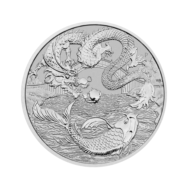 1 troy ounce silver Chinese Myths and Legends - Dragon & Koi coin 2023 front