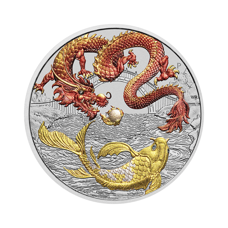 1 troy ounce silver Chinese Myths and Legends - red Dragon & Koi coin 2023 front