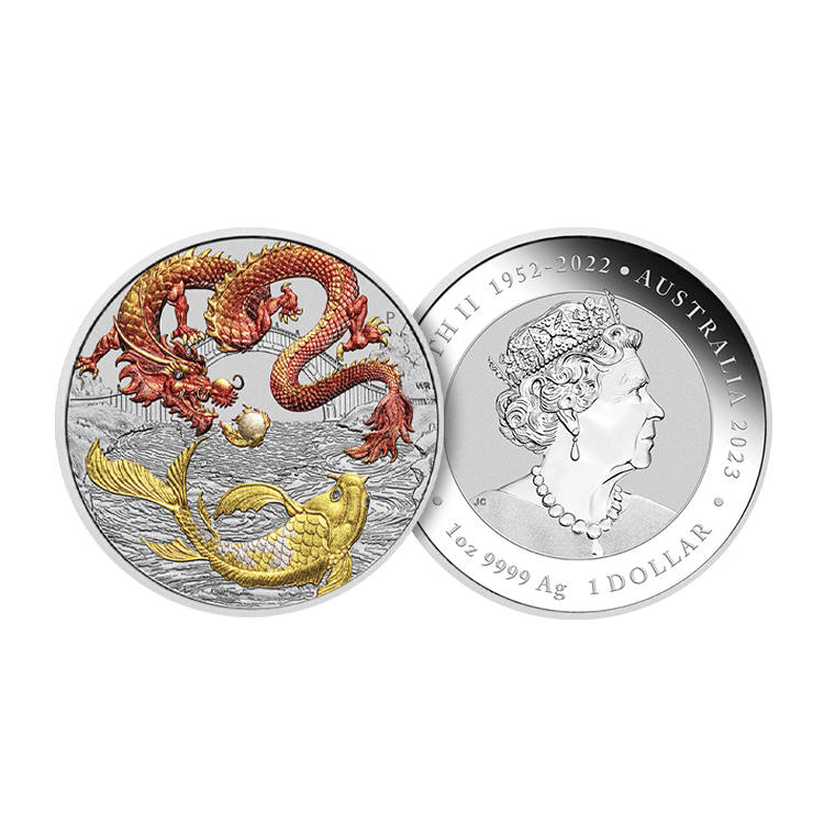 1 troy ounce silver Chinese Myths and Legends - red Dragon & Koi coin 2023 angle 1