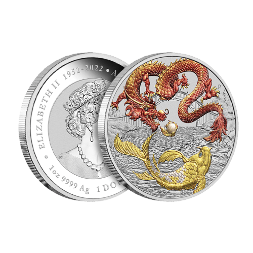 1 troy ounce zilveren Chinese Myths and Legends - red Dragon & Koi munt 2023 voorkant