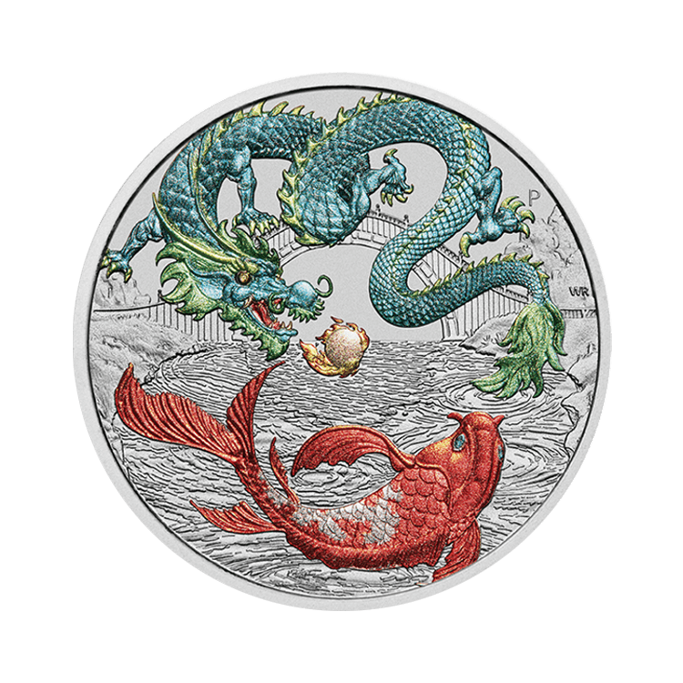 1 troy ounce silver Chinese Myths and Legends - green Dragon & Koi coin 2023 front