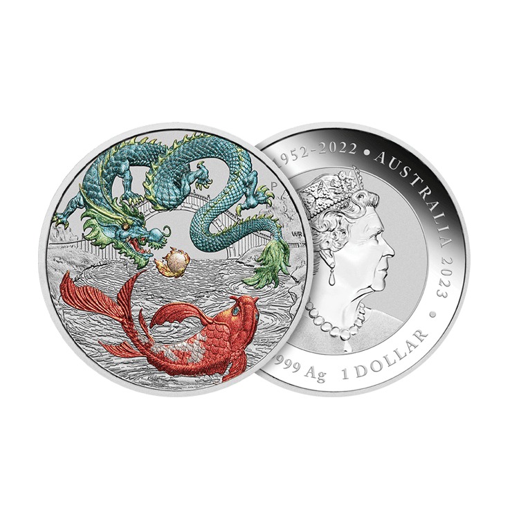 1 troy ounce silver Chinese Myths and Legends - green Dragon & Koi coin 2023 angle 1