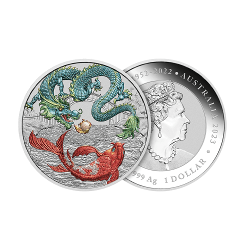 1 troy ounce zilveren Chinese Myths and Legends - green Dragon & Koi munt 2023 voorkant