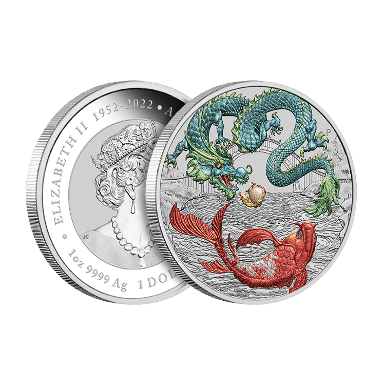 1 troy ounce zilveren Chinese Myths and Legends - green Dragon & Koi munt 2023 perspectief 2