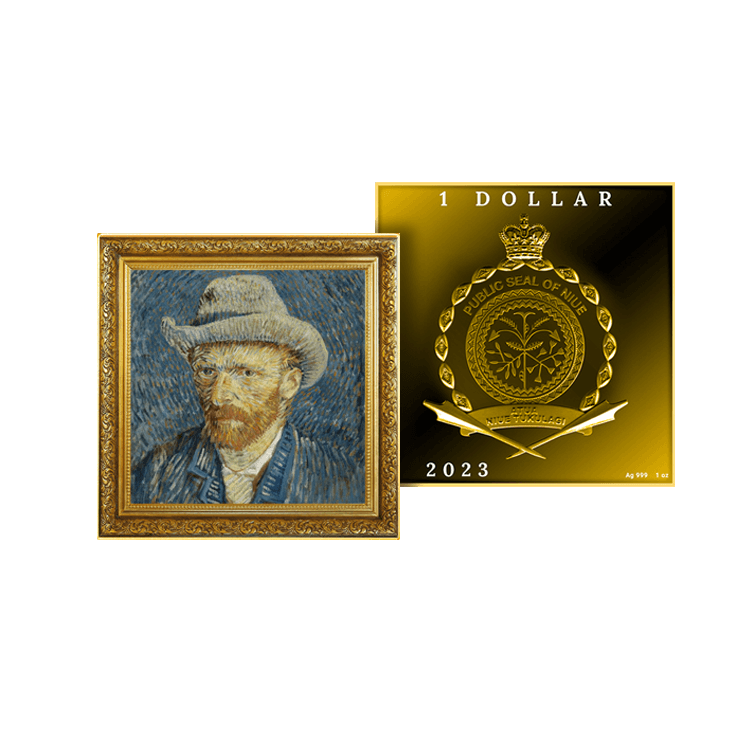 1 troy ounce zilveren munt zelfportret Vincent van Gogh met vilten hoed 2023 perspectief 1