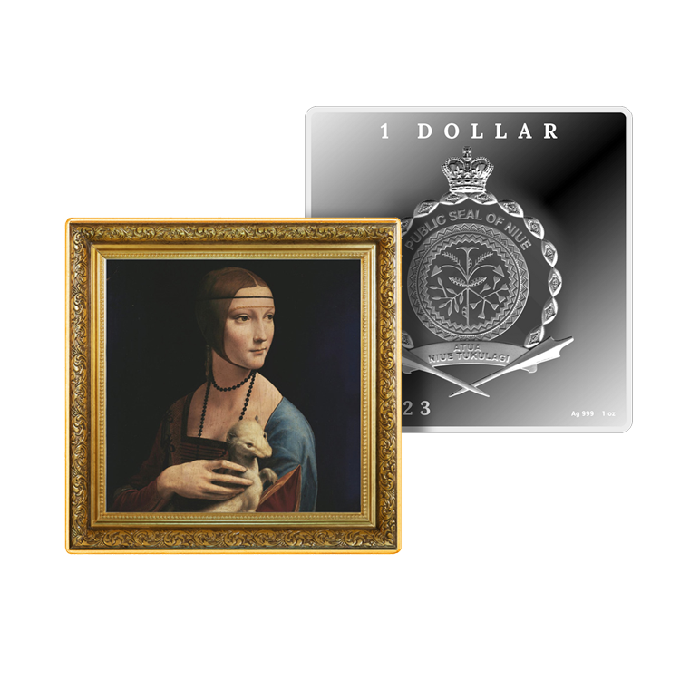 1 troy ounce zilveren munt Lady with an Ermine Leonardo da Vinci 2023 proof perspectief 1