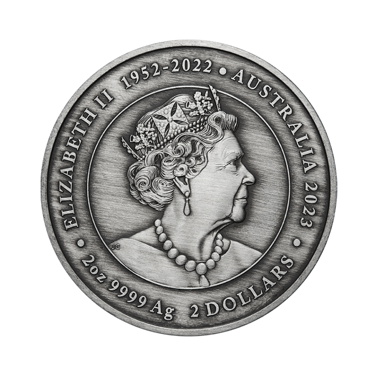 2 troy ounce zilveren munt Kangaroo Yongka antieke afwerking 2023 achterkant