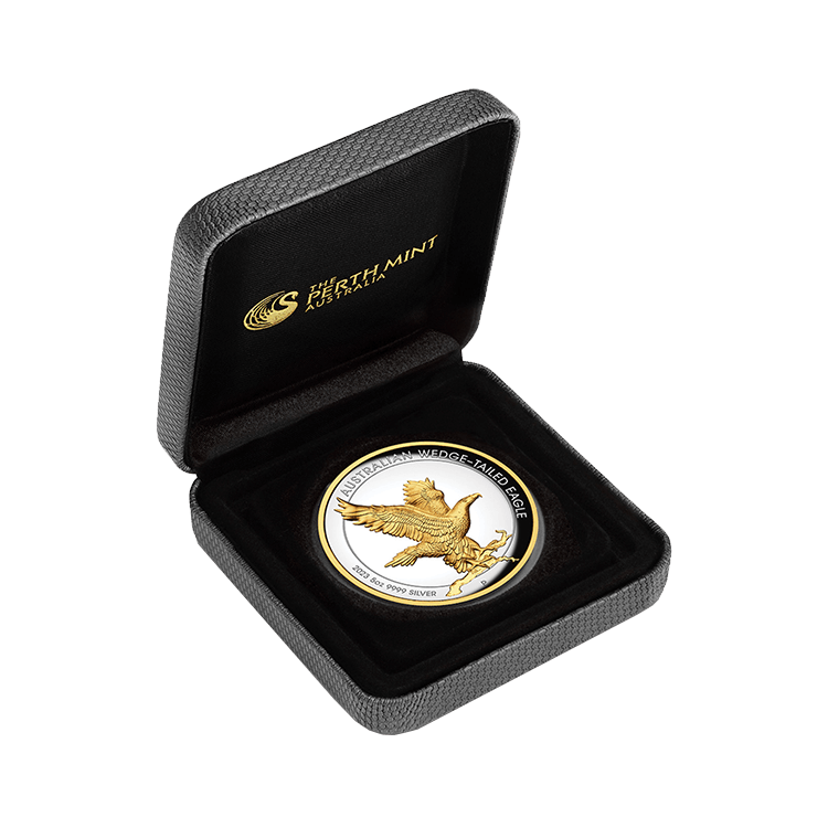 5 troy ounce zilveren munt Wedge Tailed Eagle verguld 2023 proof perspectief 2