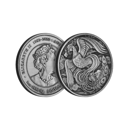 1 troy ounce zilveren munt Chinese Myths and Legends - Phoenix 2023 antieke afwerking voorkant