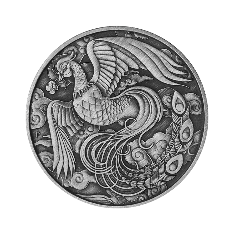 1 troy ounce zilveren munt Chinese Myths and Legends kaartversie - Phoenix 2023 antieke afwerking voorkant