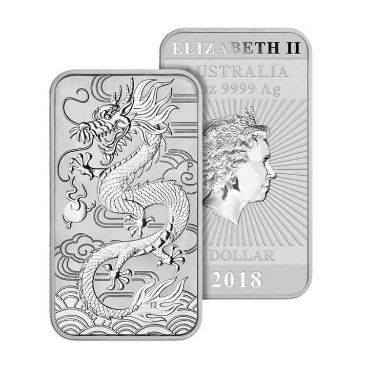 1 troy ounce zilveren munt baar Rectangular Dragon 2018 perspectief 1