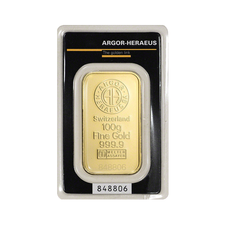 Argor Heraeus goudbaar 100 gram goud voorkant