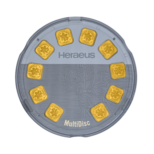 10x 1 gram goldbars from Heraues - Multidisk front