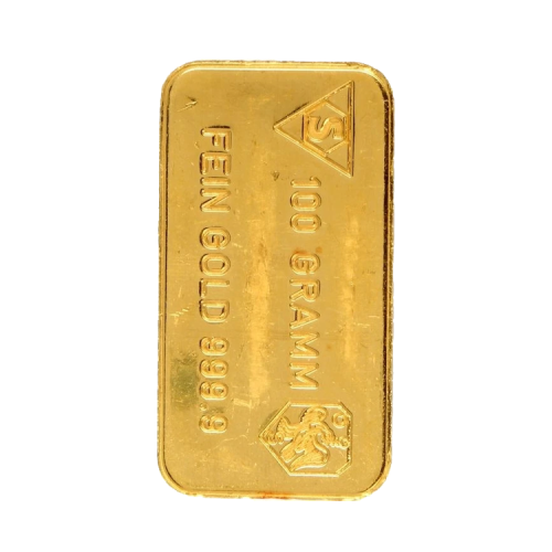 100 Grams 99,99 gold bar various melters front