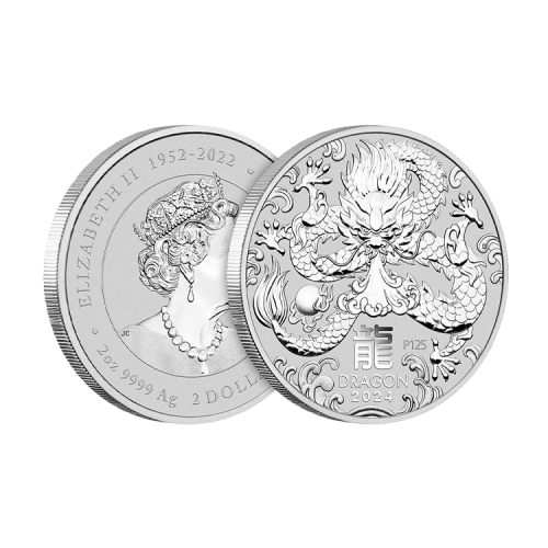 2 troy ounce zilveren munt Lunar 2024 voorkant