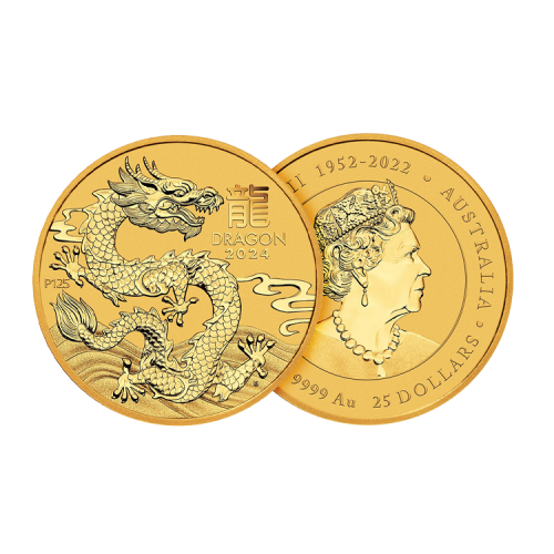 1/4 troy ounce gouden munt Lunar 2024 voorkant