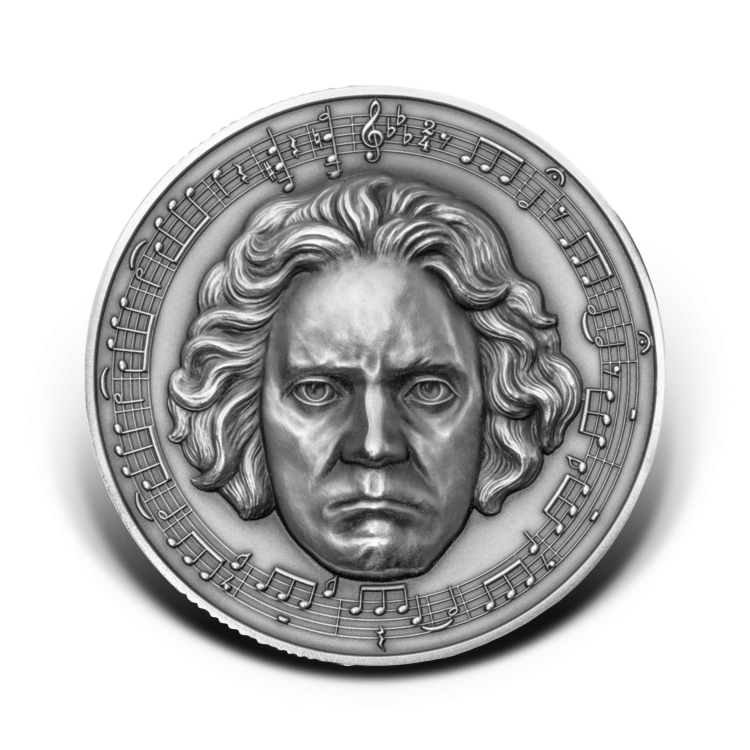 3 troy ounce zilveren munt Beethoven - antieke afwerking 2020 perspectief 1