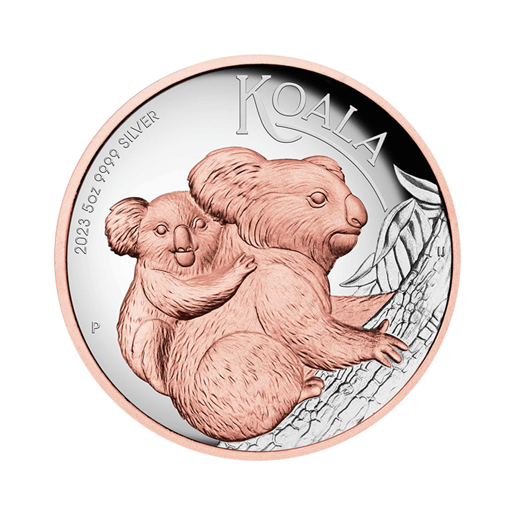 5 troy ounce zilveren munt Koala verguld 2023 proof voorkant