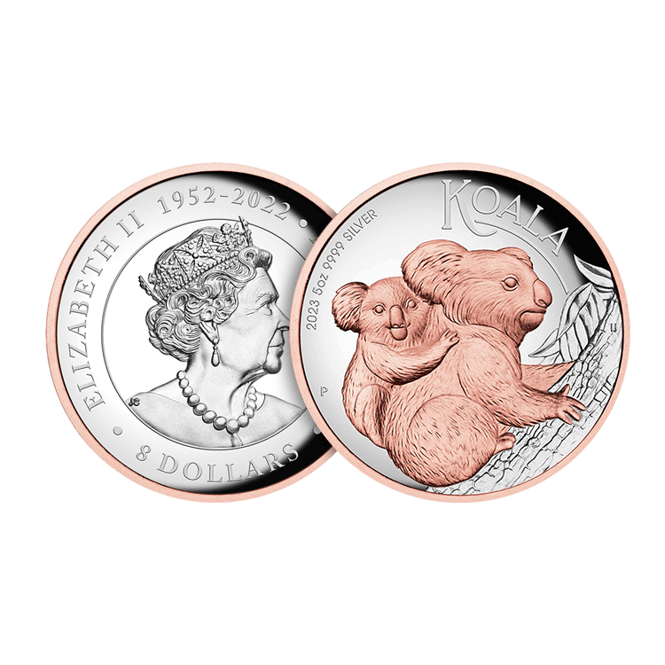 5 troy ounce zilveren munt Koala verguld 2023 proof perspectief 1