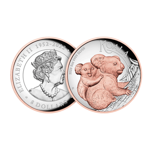 5 troy ounce zilveren munt Koala verguld 2023 proof voorkant