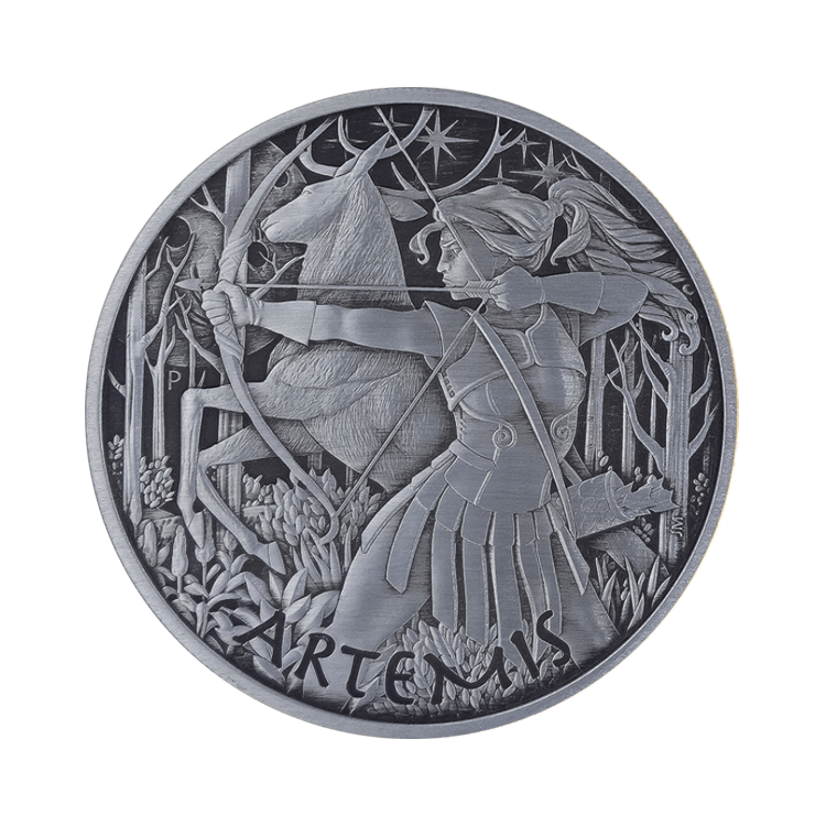 1 troy ounce zilveren munt Goden van Olympus Artemis 2023 antieke afwerking voorkant