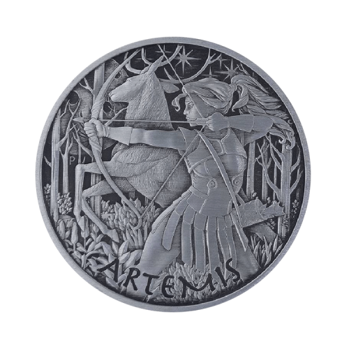 5 troy ounce zilveren munt Goden van Olympus Artemis 2023 antieke afwerking voorkant