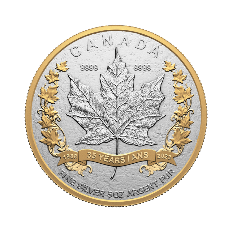 5 troy ounce zilveren munt Maple Leaf 35 jarig jubileum 2023 Proof voorkant
